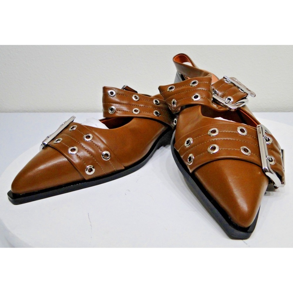 Chunky Buckle Slingback Ballerina Heel Brown Patent Leather Shoes Size 11 - Picture 9 of 13